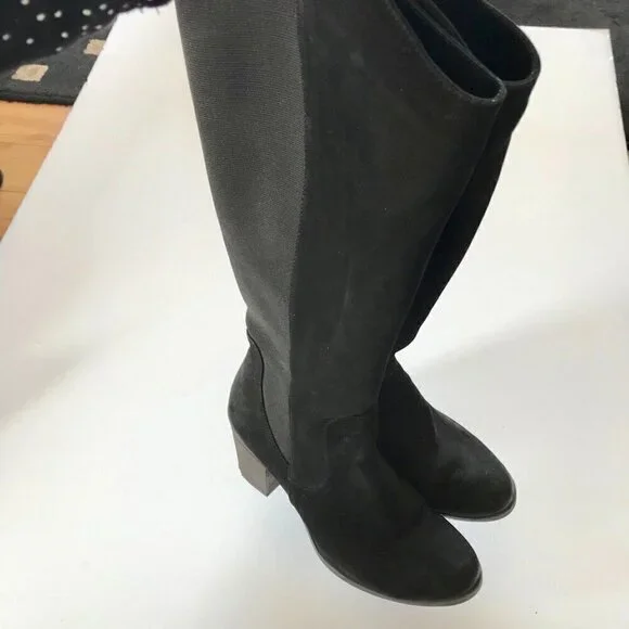 BUENO Black Nubuck Suede Knee-High Stacked Heel Almond Toe Slip-on Elastic EU 39 - Picture 7 of 16